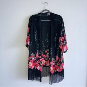 NWOT Black Pink Floral Sheer Fringe Boho Kimono Beach Cover Up